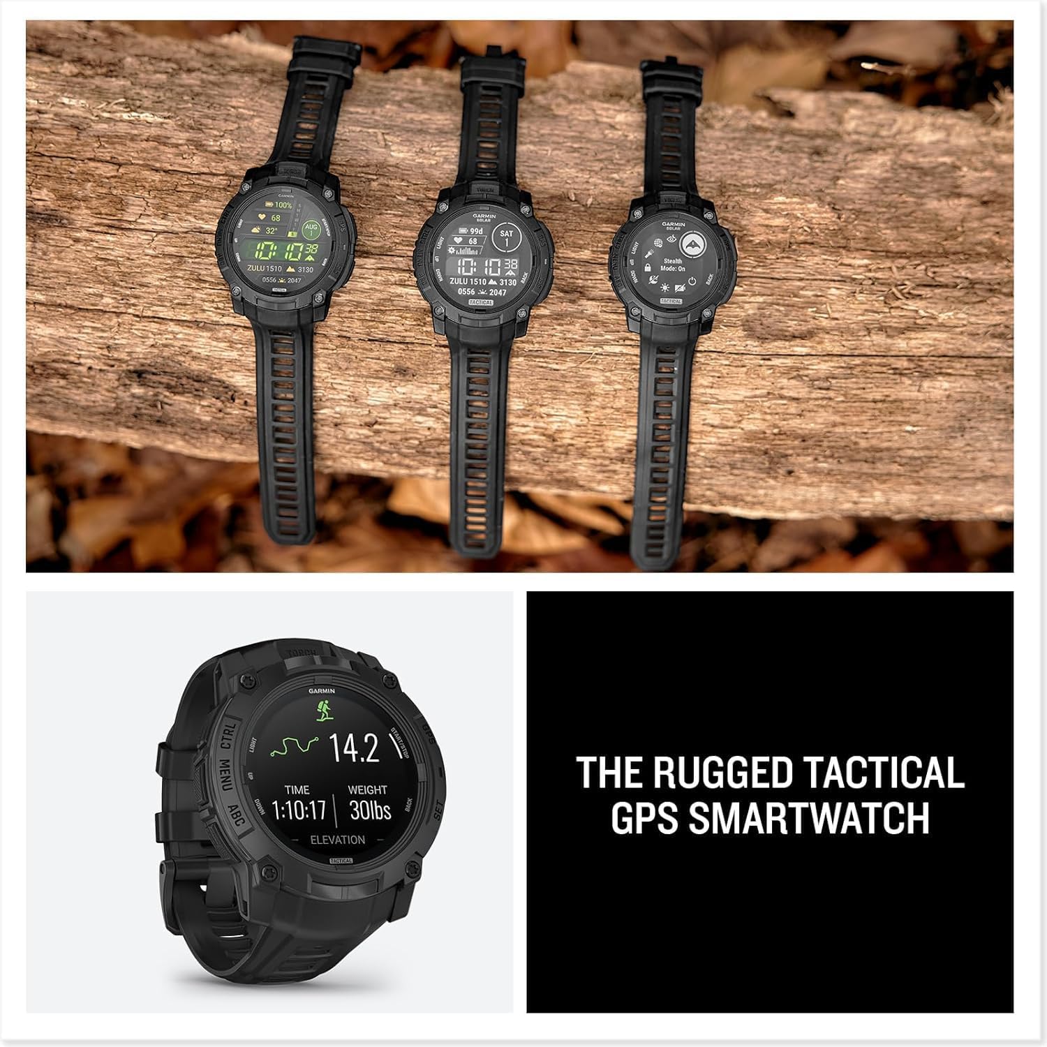 PlayBetter Garmin Instinct 3 AMOLED Tactical 50mm (Black) Rugged Outdoor GPS Smartwatch Gift Box Bundle - Built-in Flashlight HD Screen Protectors, Wall Adapter & Case