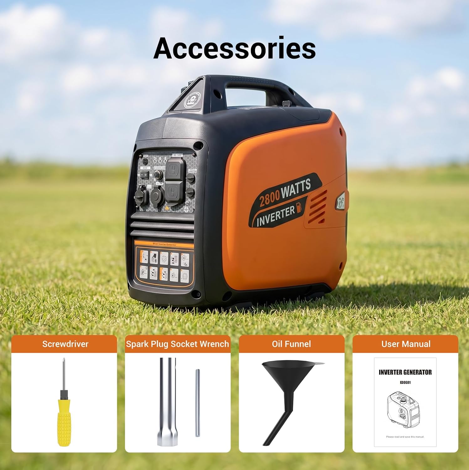 Efurden 2800-Watt Inverter Generator Gas Powered, Portable Generator for Camping, Emergency Home Backup, Super Quiet