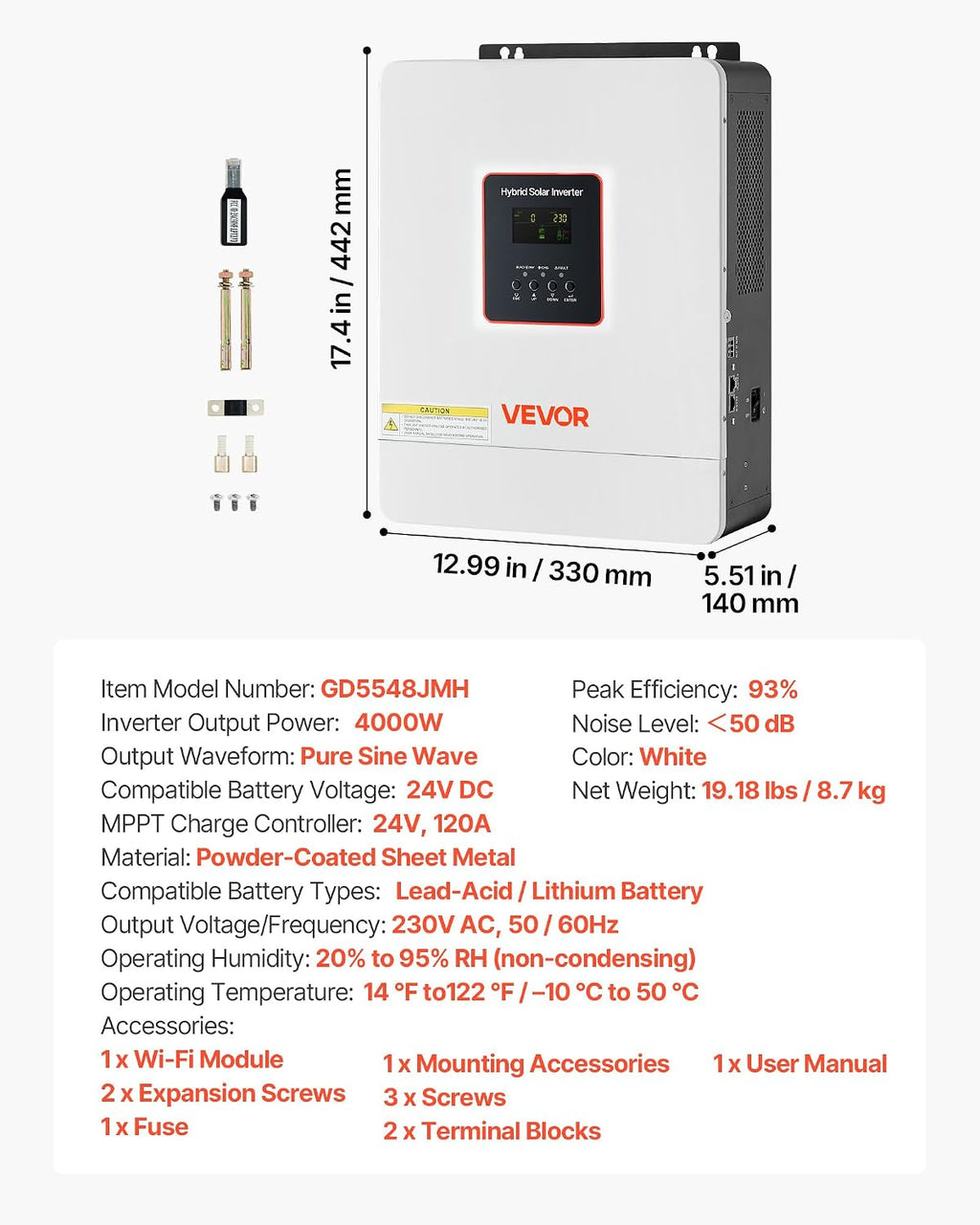 VEVOR 4000W Hybrid Solar Inverter, 24V DC to 230V AC Single-Phase, Pure Sine Wave Power Inverter, with Built-in 120A MPPT Solar Charge Controller, WiFi Module, for Lead Acid Lithium Battery Off-Grid