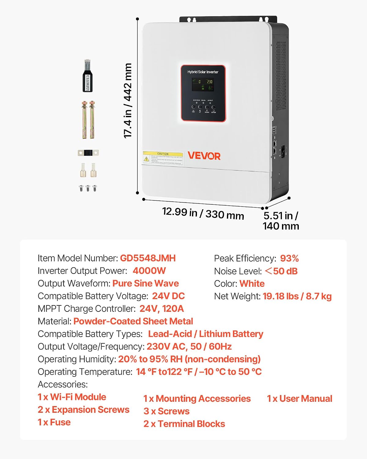 VEVOR 4000W Hybrid Solar Inverter, 24V DC to 230V AC Single-Phase, Pure Sine Wave Power Inverter, with Built-in 120A MPPT Solar Charge Controller, WiFi Module, for Lead Acid Lithium Battery Off-Grid