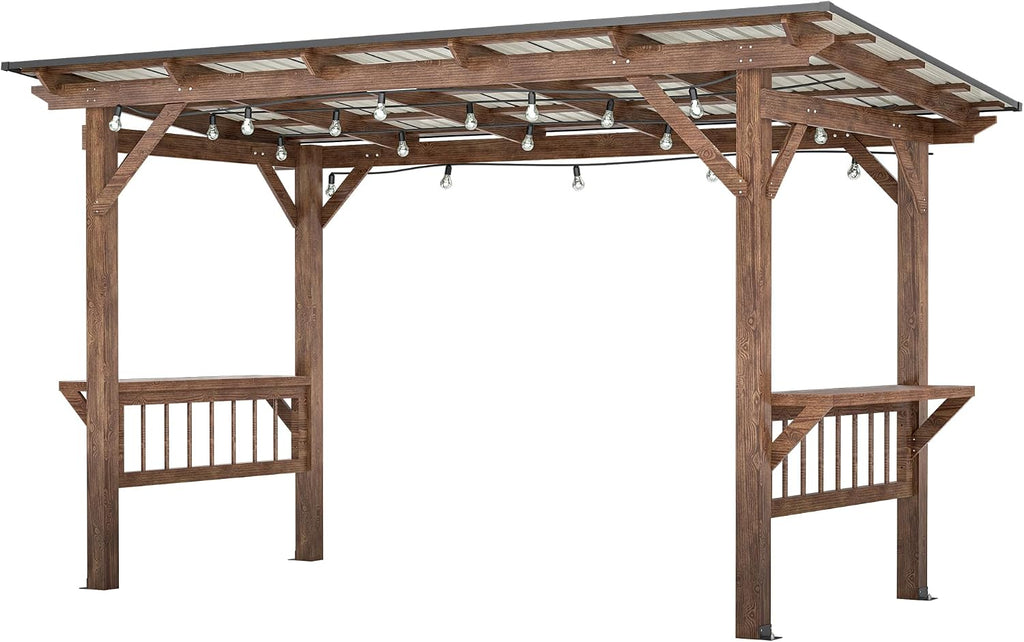 YOPTO 13x6.5 FT Outdoor Wooden Pergola Grill Gazebo with Metal Roof & Bulbs,Waterproof Garden Canopy W/Bar Counters,for Patio,Backyard,Swimming Pool,Brown