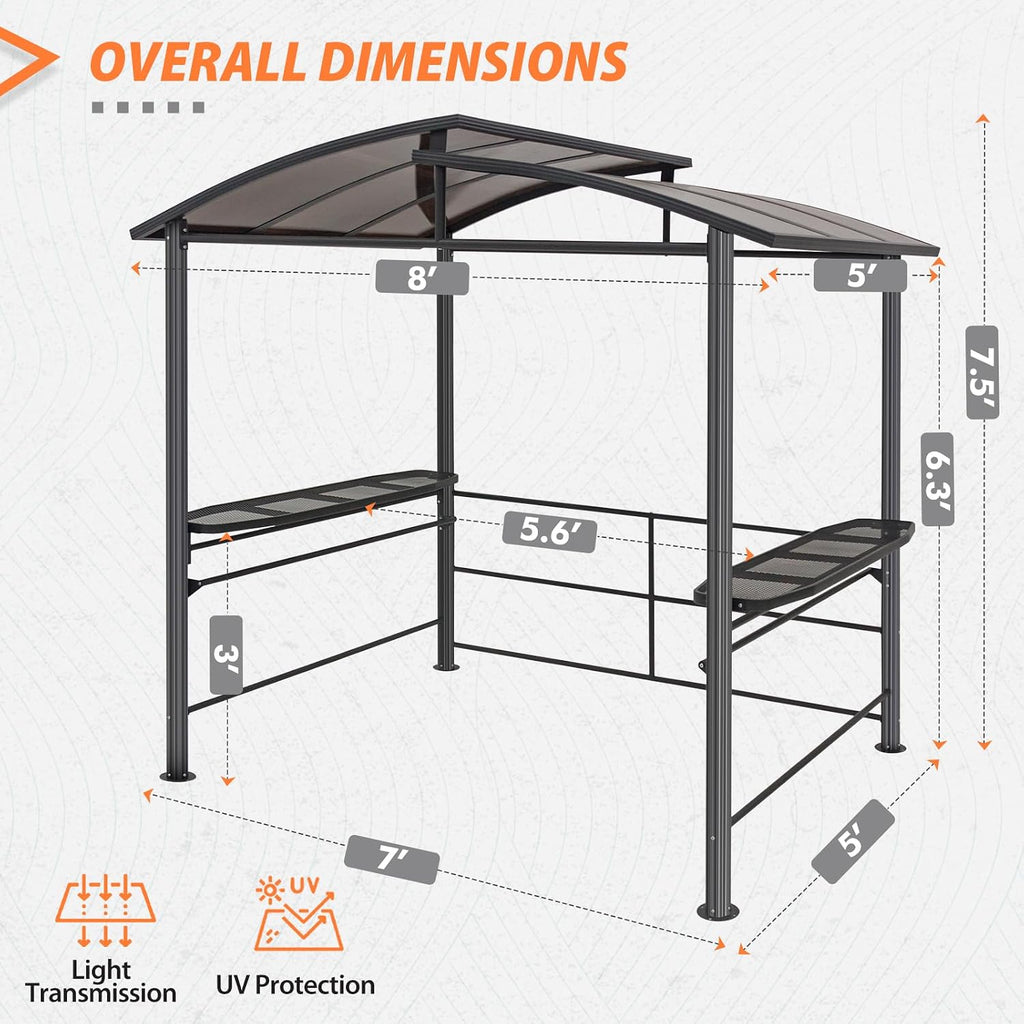 EAGLE PEAK 8x5 ft Grill Gazebo, Steel Frame Outdoor BBQ Cover, Double-Tier Polycarbonate Barbecue Canopy with Shelves