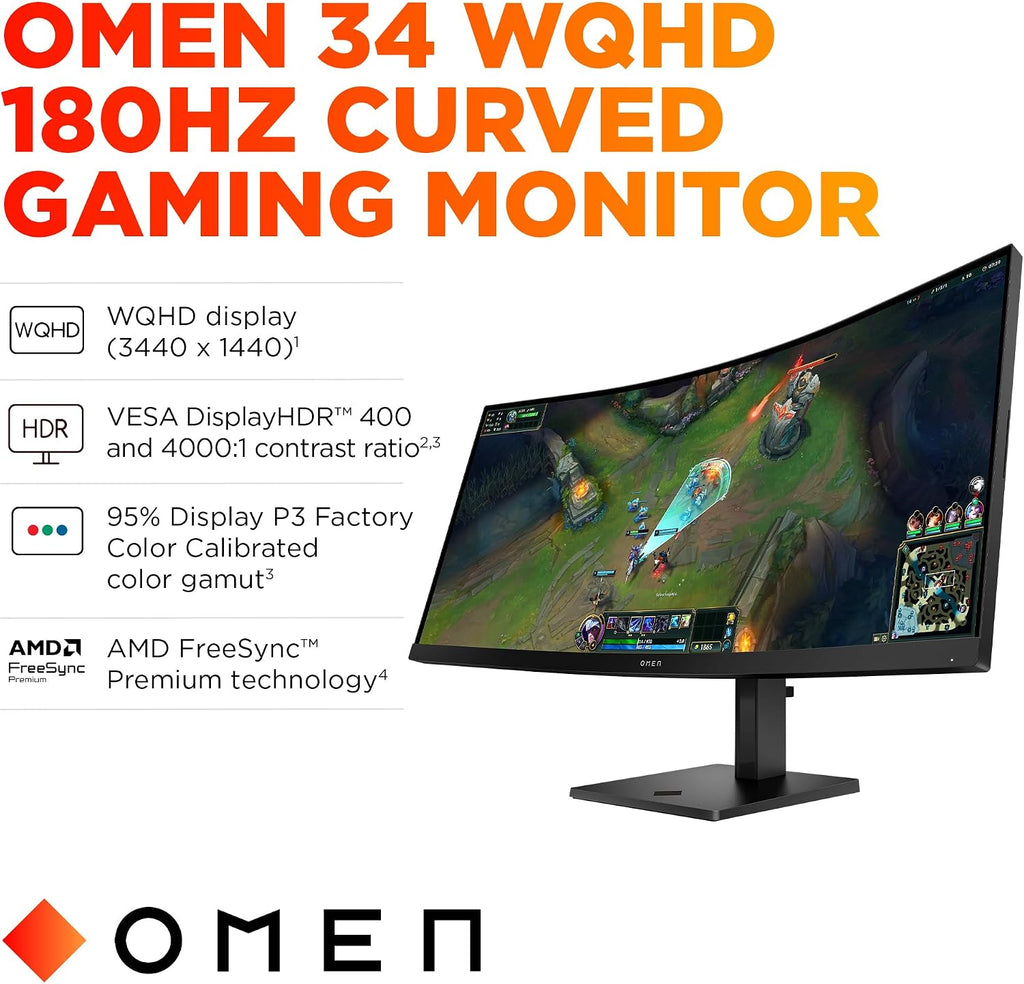 HP OMEN 34 inch WQHD 180Hz Curved Gaming Monitor, Wide QHD Display (3440 x 1440), VA Panel, VESA DisplayHDR 400, 1ms MPRT (with Overdrive), AMD FreeSync Premium Technology, Black, OMEN 34c G2 (2025)