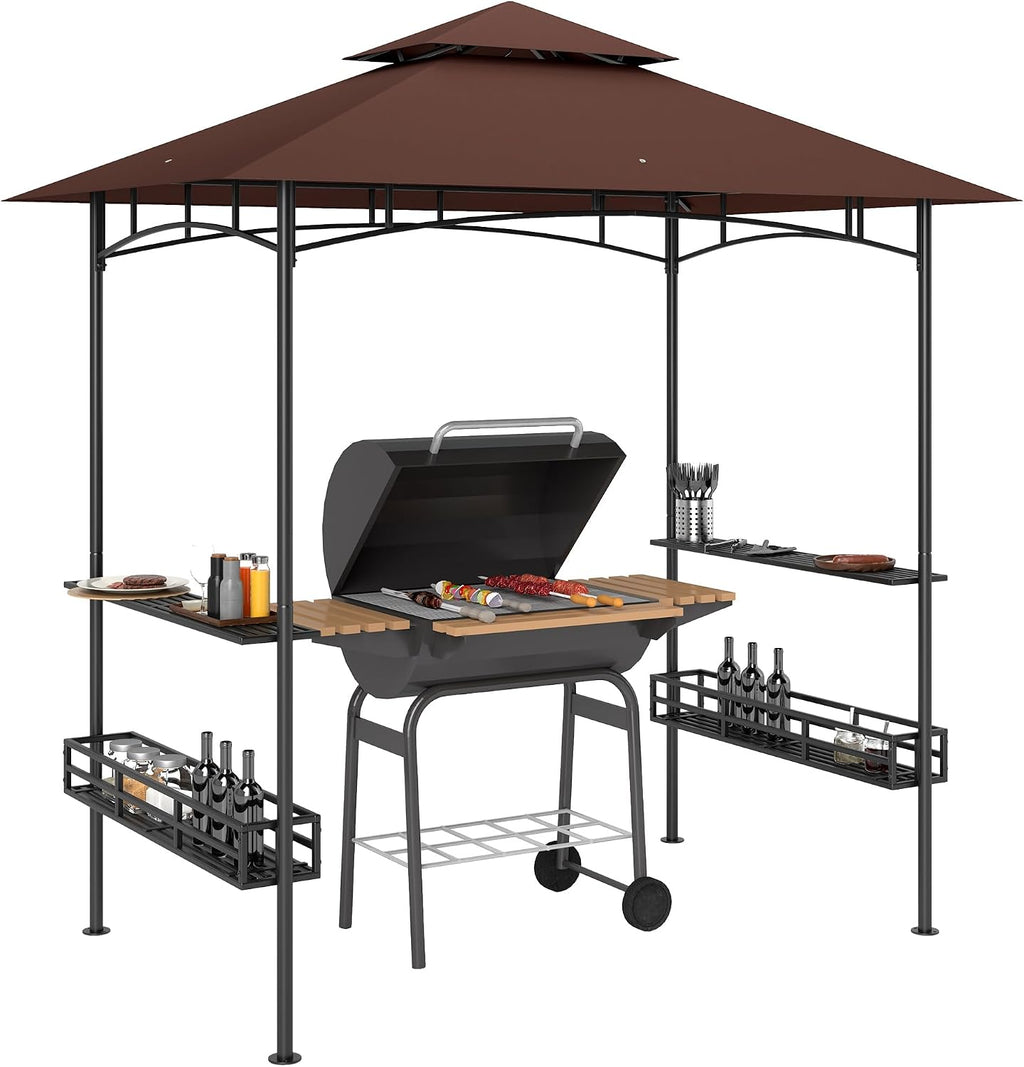 Outsunny 8' x 5' Grill Gazebo, 2-Tier Outdoor BBQ Gazebo with Ceiling Hook, 2 Side Shelves and Storage Baskets for Patio Deck Yard, Dark Brown