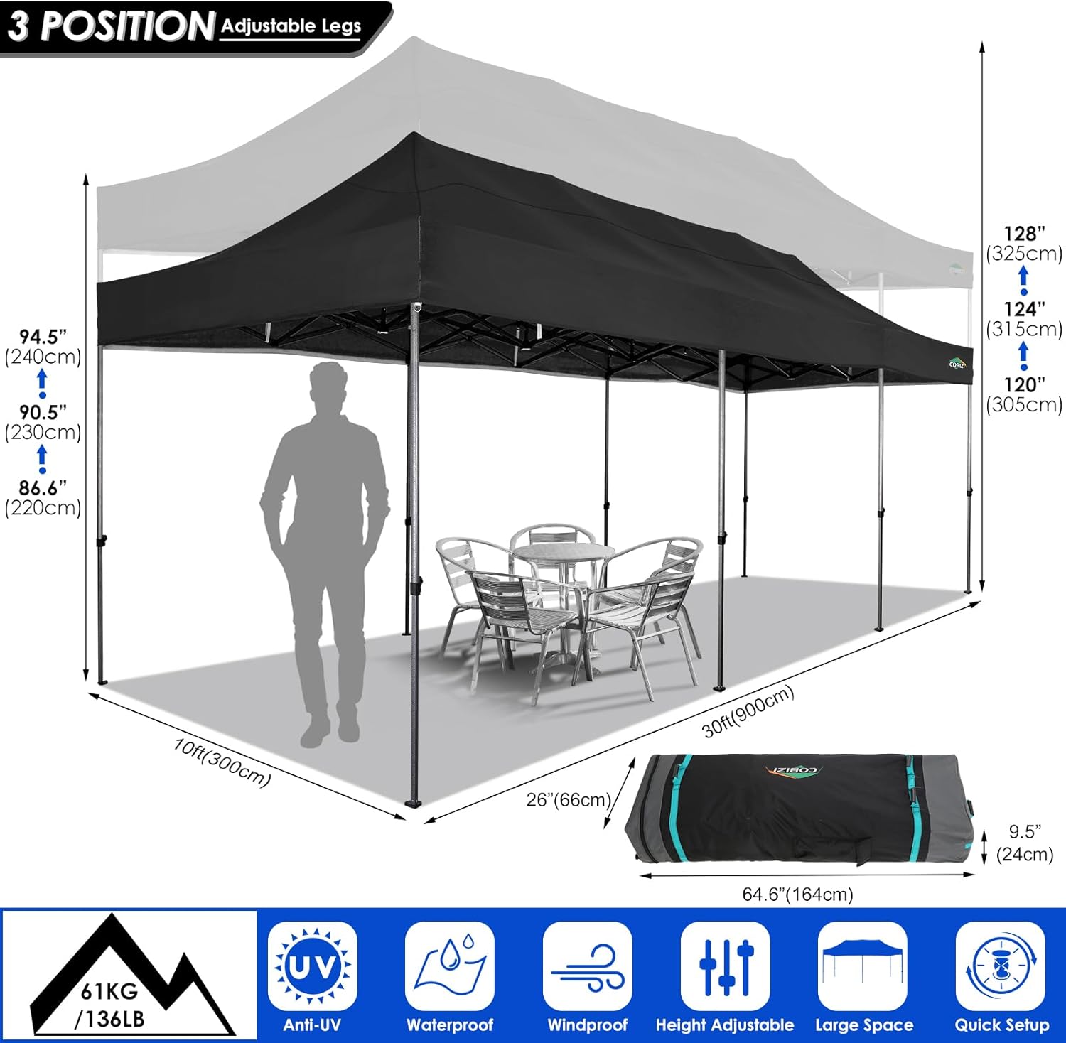 COBIZI 10x30 Heavy Duty Pop up Canopy with 8 sidewalls Party Tent for Parties Weddings Events UPF 50+ Waterproof Commercial Gazebo with Roller Bag, Black(Frame Thickened)