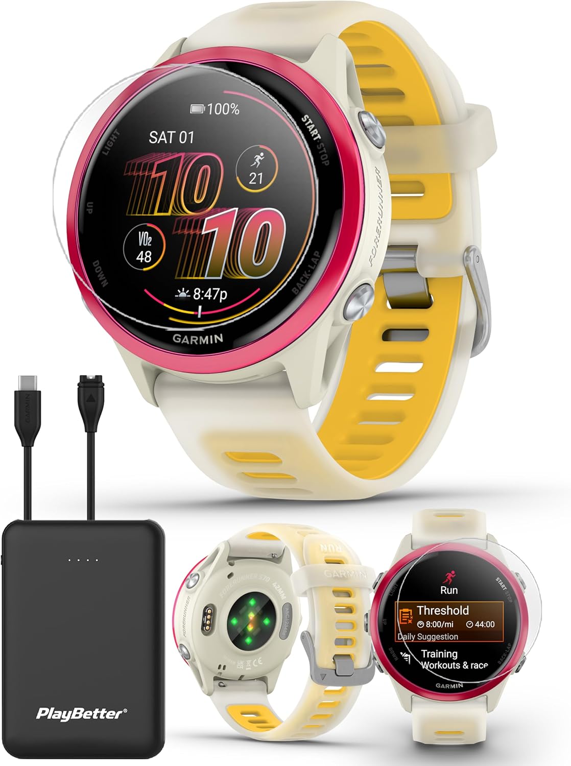 PlayBetter Garmin Forerunner 570 (42 mm, Raspberry/Translucent Bone/Mango) Running GPS Smartwatch - AMOLED Display, Training & Recovery - Bundle Portable Charger & HD Screen Protectors