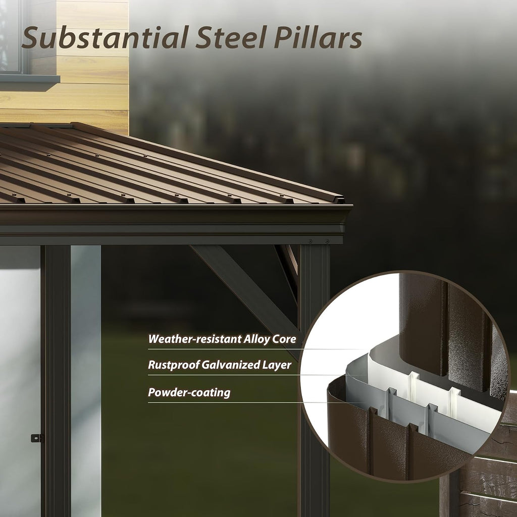 Domi 8'x8' Lean to Gazebo Hardtop, Expandable Wall Mounted Pergola with Gutters & Galvanized Steel Roof, 60MPH Wind Resistance, Outdoor Metal Heavy Duty Metal Awning for Patio, Deck, Backyard - Brown