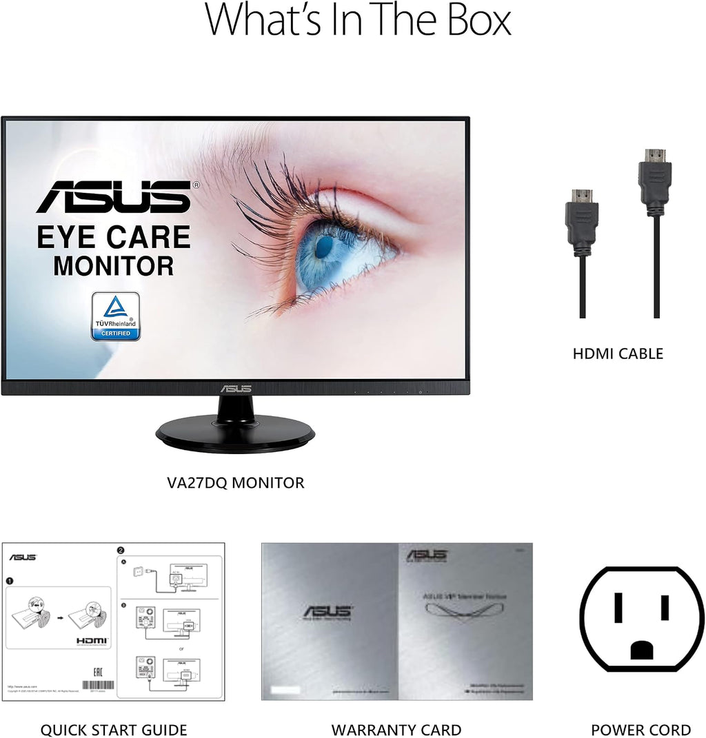 ASUS 27' 1080P Monitor (VA27DQ) - Full HD, IPS, 75Hz, Speakers, Adaptive-sync/FreeSync™, Low Blue Light, Flicker Free, VESA Mountable, Frameless, HDMI, VGA, DisplayPort, Tilt Adjustable, Black