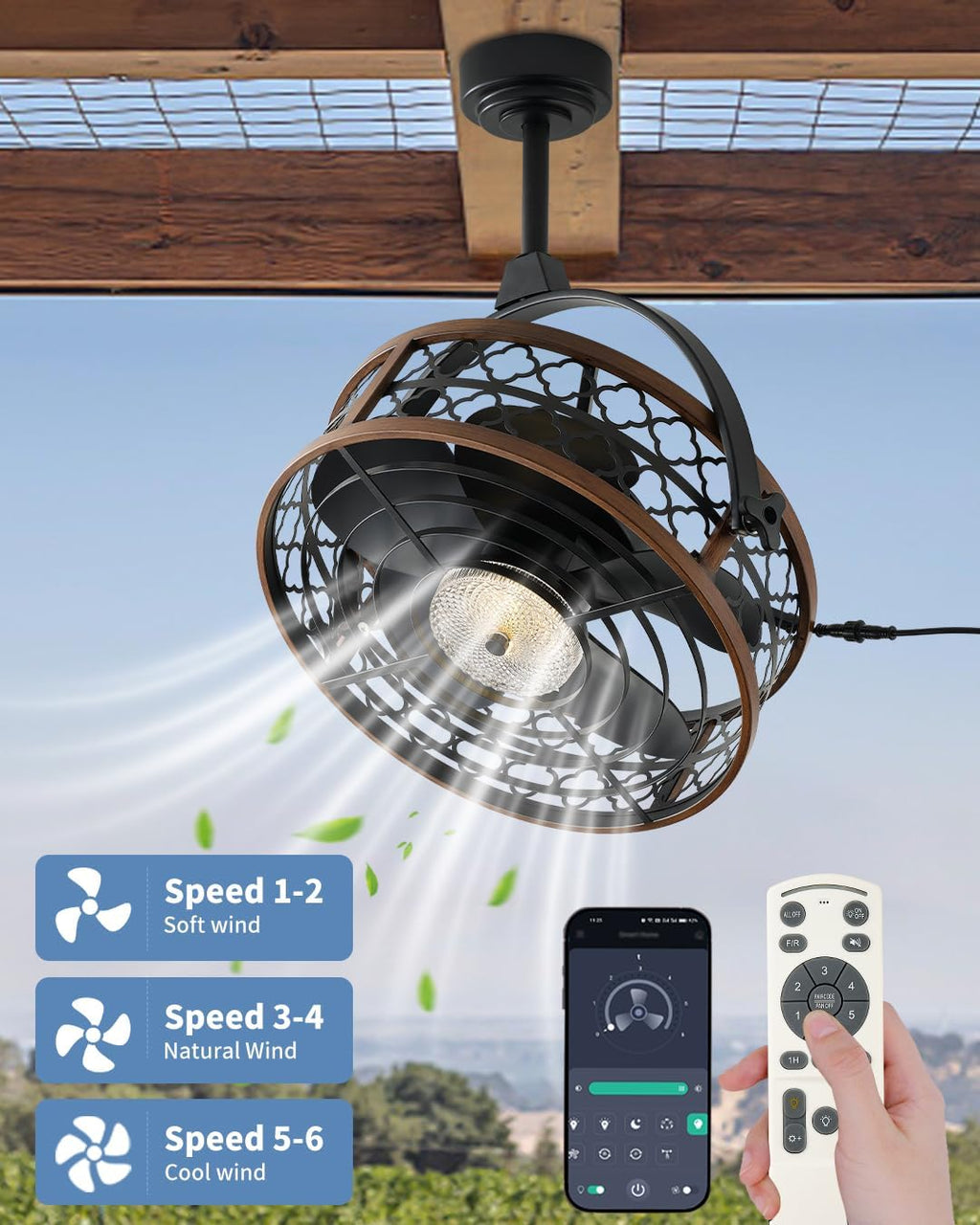 Outdoor Ceiling Fan with Light, IP55 Rated Waterproof Ceiling Fan with Tilting Head & Plug in Cord Remote and App Control - Caged Design for Patios Garage Gazebo Pergolas Pavilions 20 Inch