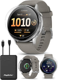 PlayBetter Garmin Venu 4 (Silver/Silver Gray, 45mm) Fitness GPS Smartwatch Bundle - AMOLED Display, Built-in Flashlight, Long Battery Life Portable Charger & HD Screen Protectors