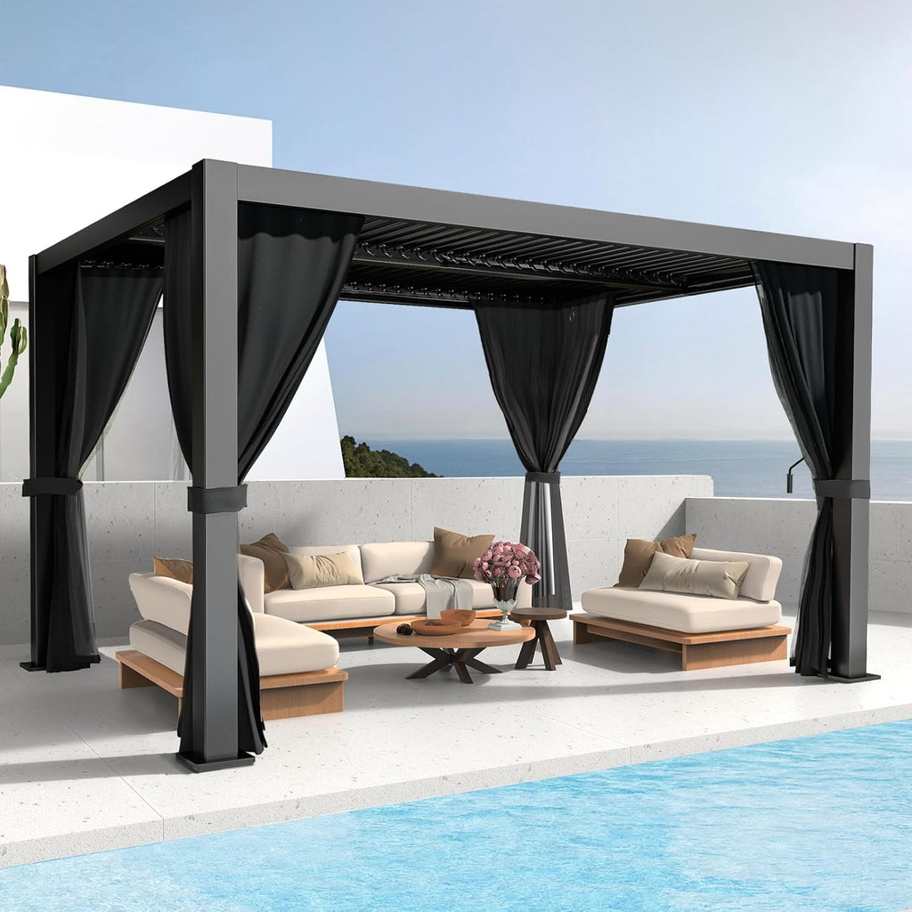 LVUYOYO 10' x 13' Outdoor Louvered Pergola, Metal Aluminum Pergola with Adjustable Roof, Waterproof Gazebo with Curtains and Netting for Patio, Backyard, Garden, Deck (Black)