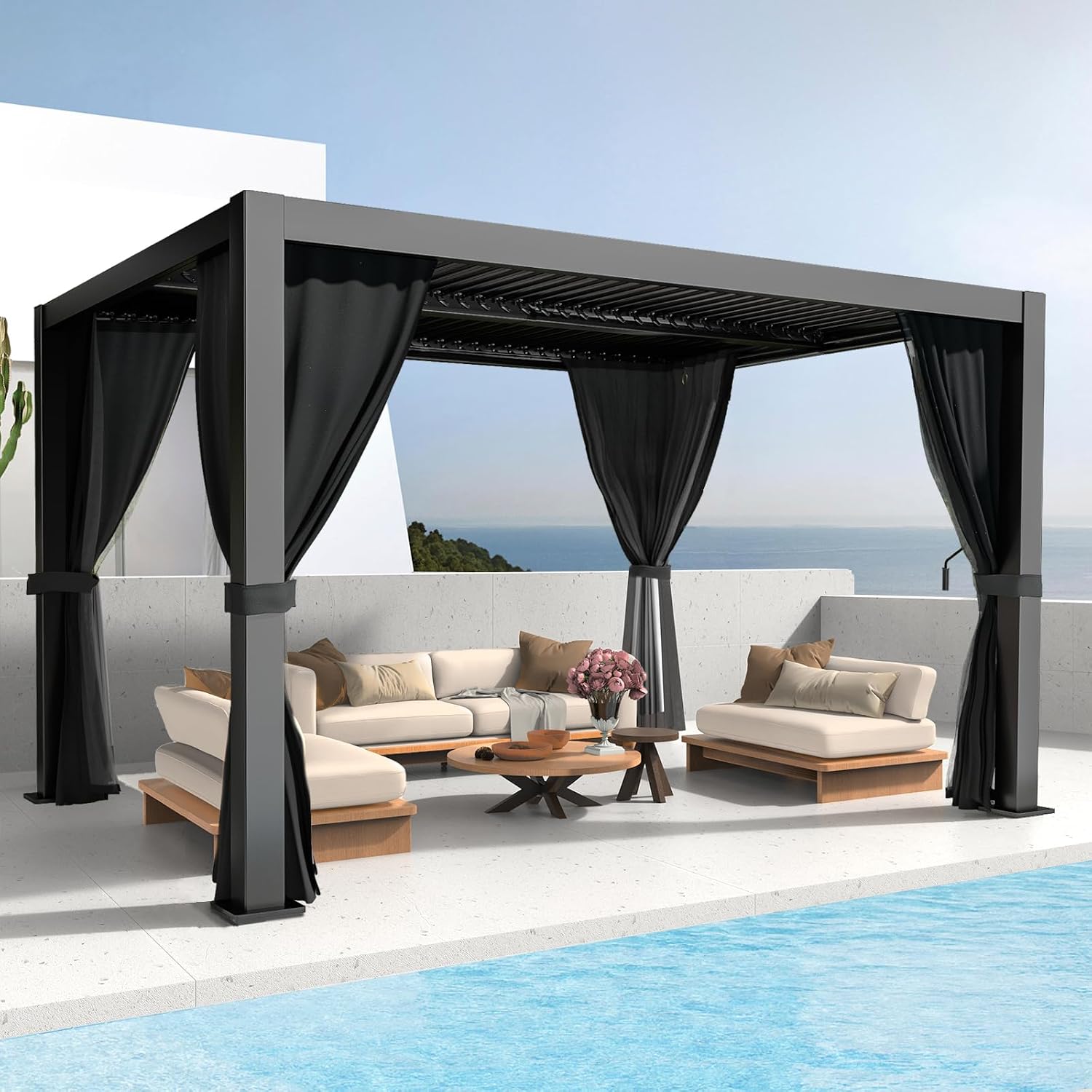 LVUYOYO 10' x 13' Outdoor Louvered Pergola, Metal Aluminum Pergola with Adjustable Roof, Waterproof Gazebo with Curtains and Netting for Patio, Backyard, Garden, Deck (Black)