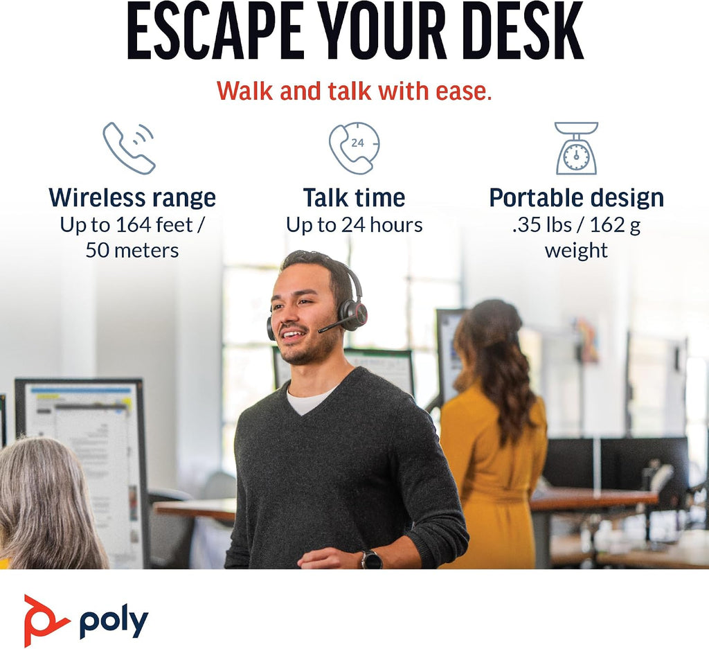 Poly Voyager 4320 UC Wireless Headset & Charge Stand (Plantronics) - Stereo Headphones w/Noise-Canceling Boom Mic - Connect PC/Mac/Mobile via Bluetooth - Works w/Teams, Zoom, & More - Amazon Exclusive