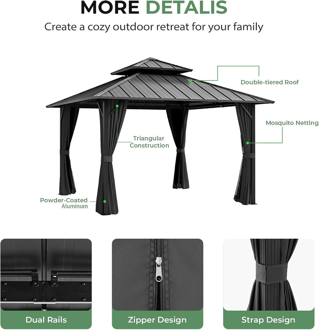 12' x 12' Hardtop Gazebo, Aluminum Frame with Double Galvanized Steel Roof, Outdoor Metal Gazebo with Netting & Curtains for Backyard, Garden, or Deck, Grey