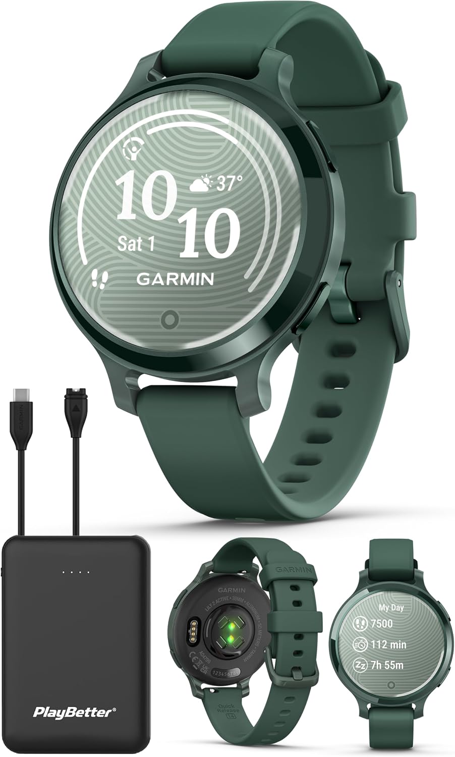 PlayBetter Garmin Lily 2 Active (Jasper Green) Women's Fitness Smartwatch Bundle - Bright Touchscreen Display, Built-in GPS, All-Day Health Monitoring, 9 Days Battery Portable Charger