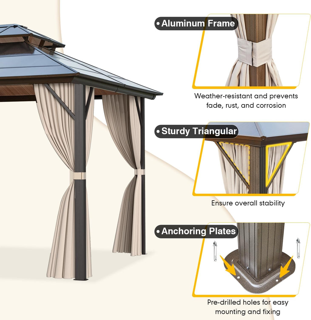 MELLCOM 10'x13' Hardtop Gazebo with Polycarbonate Double Roof, Aluminum Frame Outdoor Gazebo Permanent Pavilion with Curtains and Netting for Patio, Lawn & Garden