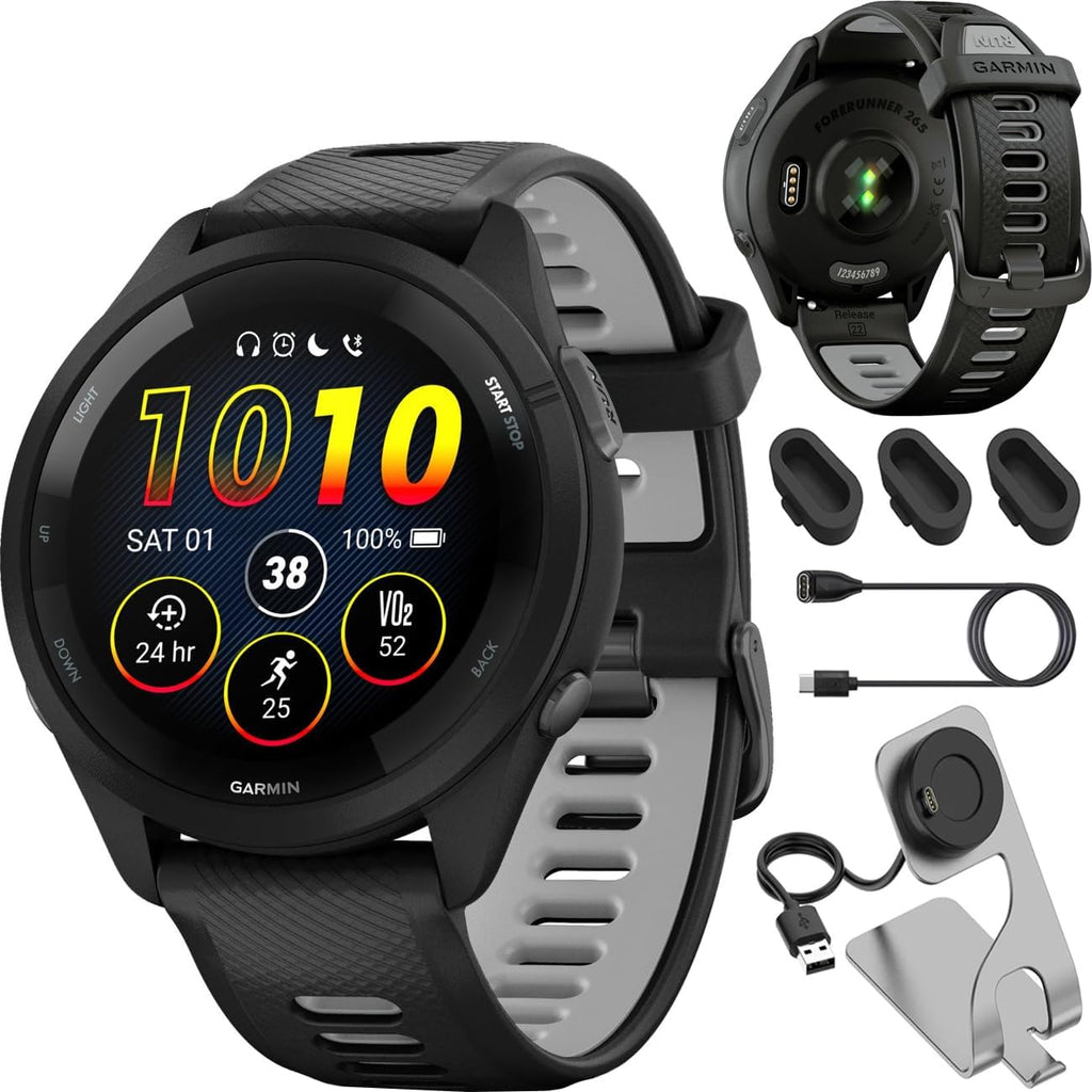 Garmin Forerunner 265 GPS Smartwatch - 46mm, Black/Powder Gray Bundle with Deco Essentials Charging Dock Venu 3 + Silicone Dust Cover + USB Type C Charging and Sync Cable