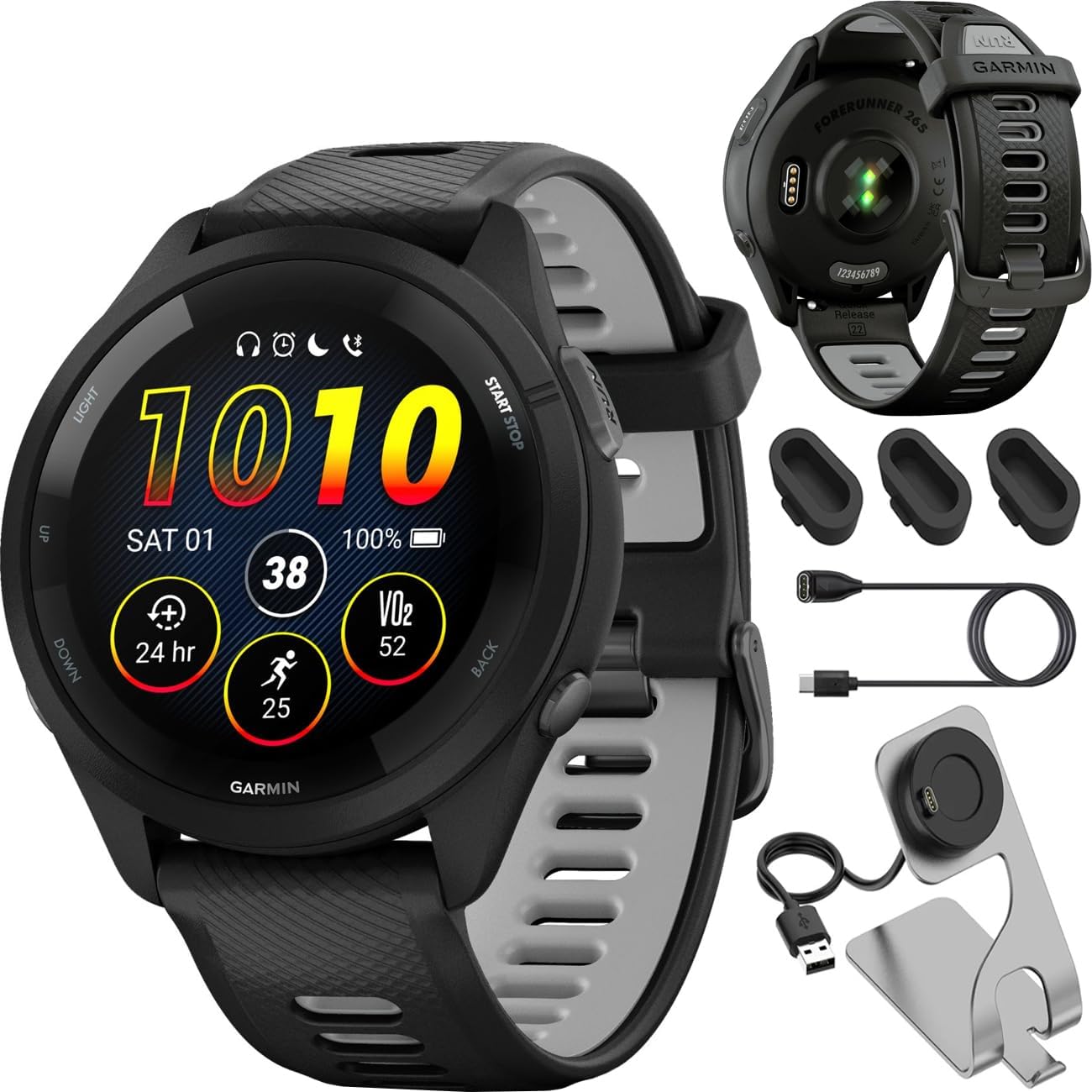 Garmin Forerunner 265 GPS Smartwatch - 46mm, Black/Powder Gray Bundle with Deco Essentials Charging Dock Venu 3 + Silicone Dust Cover + USB Type C Charging and Sync Cable