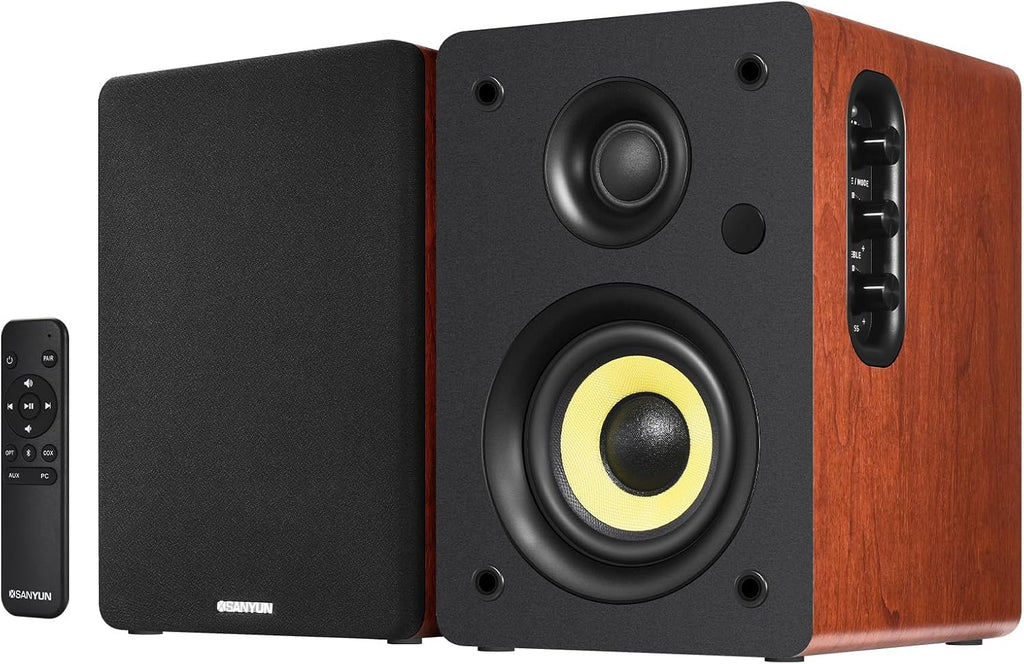 Sanyun SW206 80W Active Dual-Mode Bookshelf Speakers, 4' Studio Monitor & HiFi Mode, Upgraded 3D Sound Field, 6.35mm TRS Balanced, Bluetooth 5.4, Optical Coaxial Aux USB 24bit DAC, Woodgrain