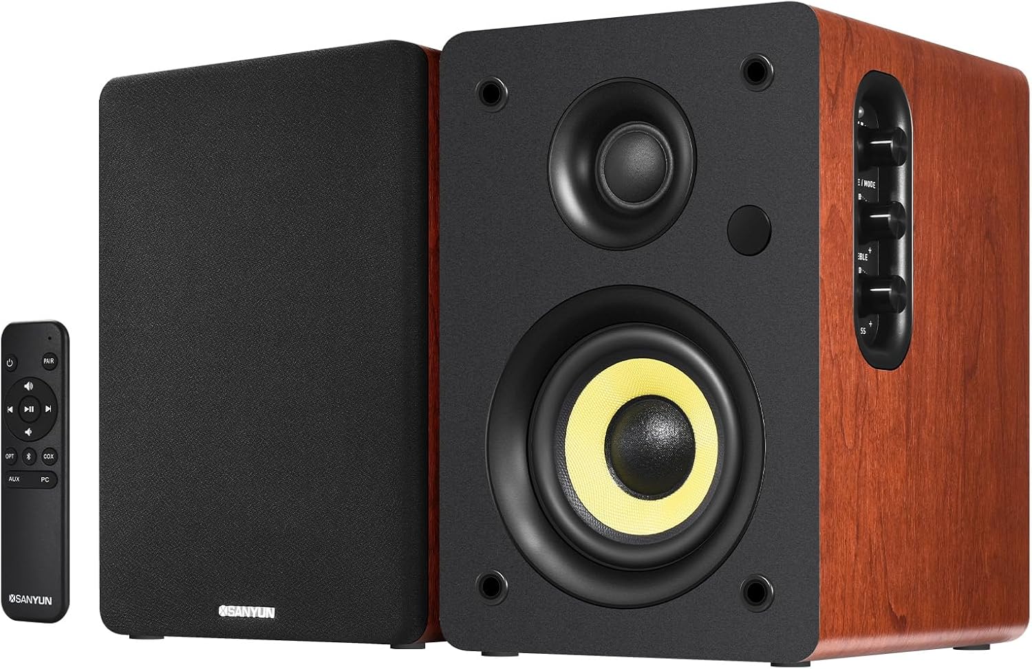 Sanyun SW206 80W Active Dual-Mode Bookshelf Speakers, 4' Studio Monitor & HiFi Mode, Upgraded 3D Sound Field, 6.35mm TRS Balanced, Bluetooth 5.4, Optical Coaxial Aux USB 24bit DAC, Woodgrain