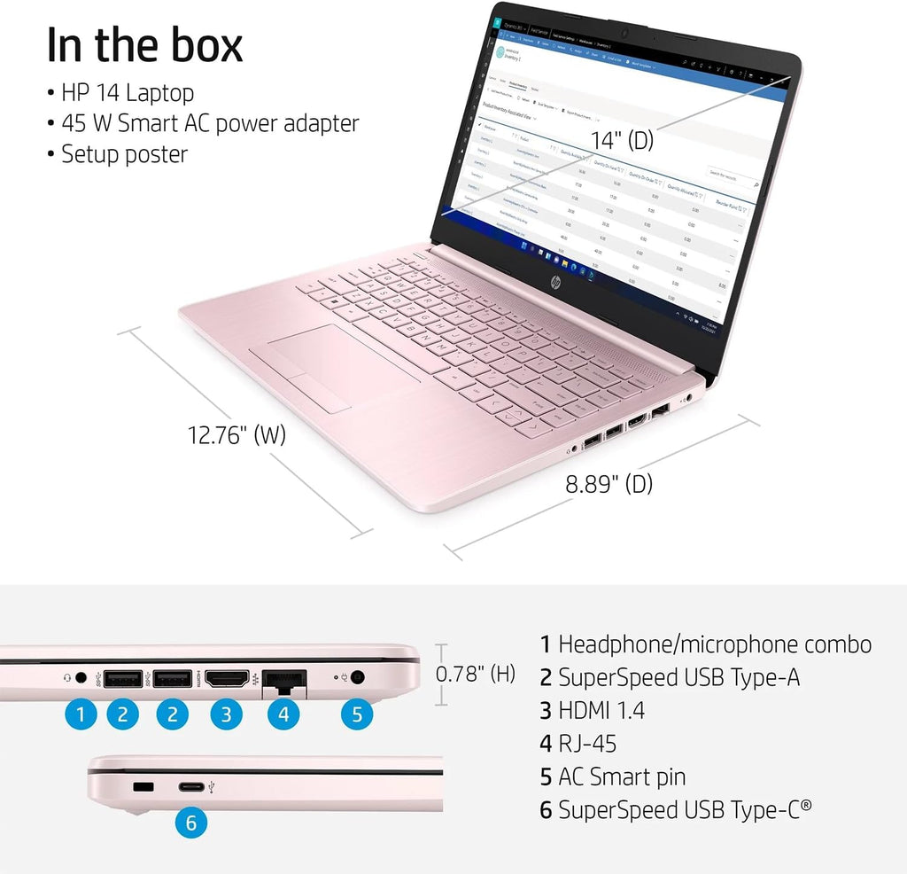 HP Essential Laptop, 14' HD Display, Intel Celeron N150, 8GB RAM, 128GB eMMC, Webcam, HDMI, Wi-Fi, RJ-45, 1 Year Office 365, Windows 11 Home, Pink