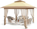 GarveeLife 12 ft x12 ft Gazebo Outdoor Pop up Canopy Tent with Curtains and 144 Square Shelter for Patio,Backyard Party, with Mosquito Netting, 2-Tiered Vented Top, Beige