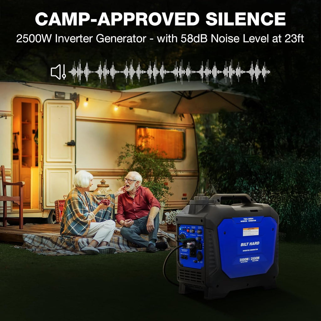 BILT HARD Gas Generator 2500W, 80cc 4 Stroke Quiet Inverter Generator with CO Sensor, Parallel Ready,120V AC Duplex Receptacle and 12V DC Output, Outdoor Generators for Camping, Home Use, 49-State