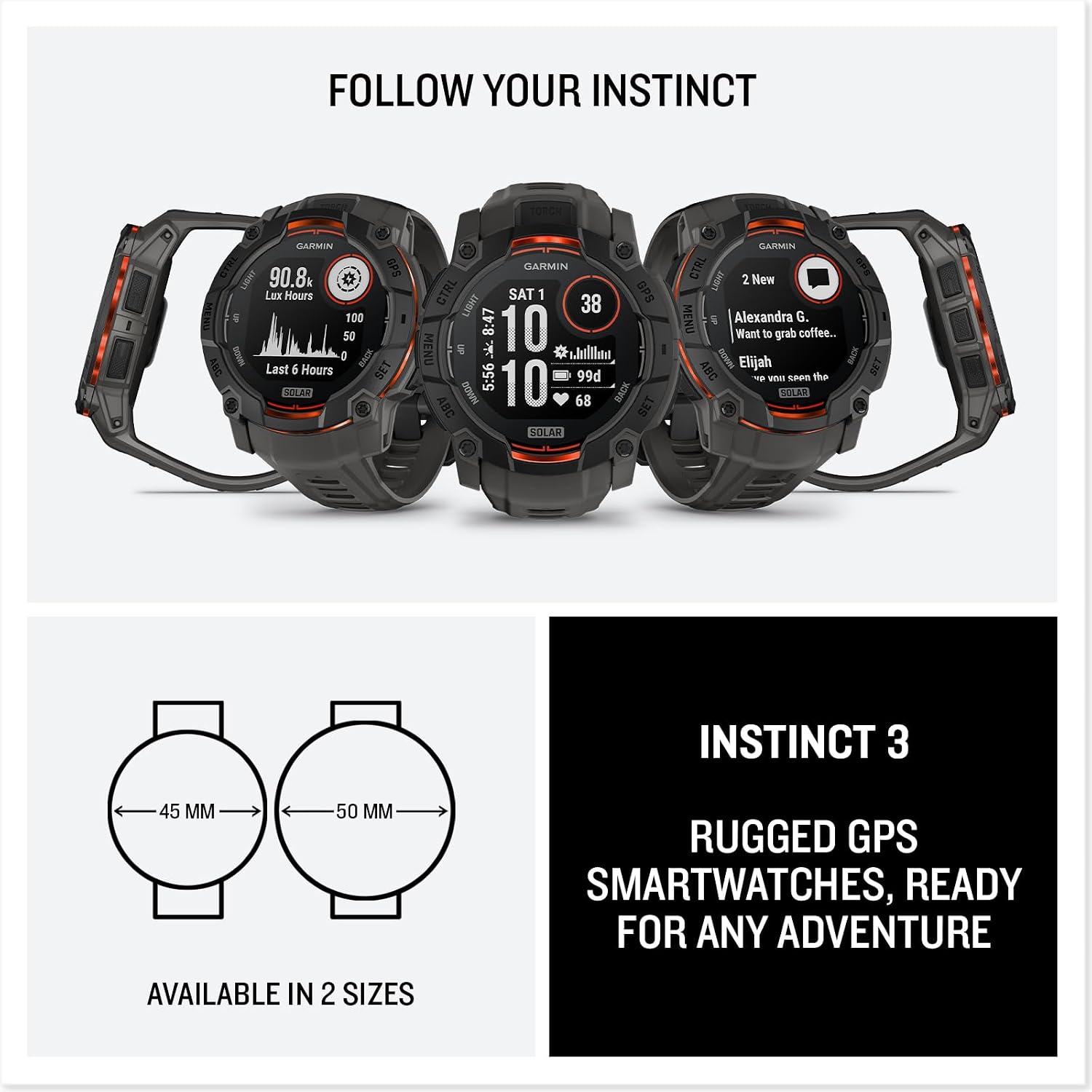 PlayBetter Garmin Instinct 3 Solar (Whitestone/Bolt Blue, 50mm) Outdoor GPS Smartwatch Gift Box Bundle - Bolted Construction, Unlimited Battery Life HD Screen Protectors, Wall Adapter & Case