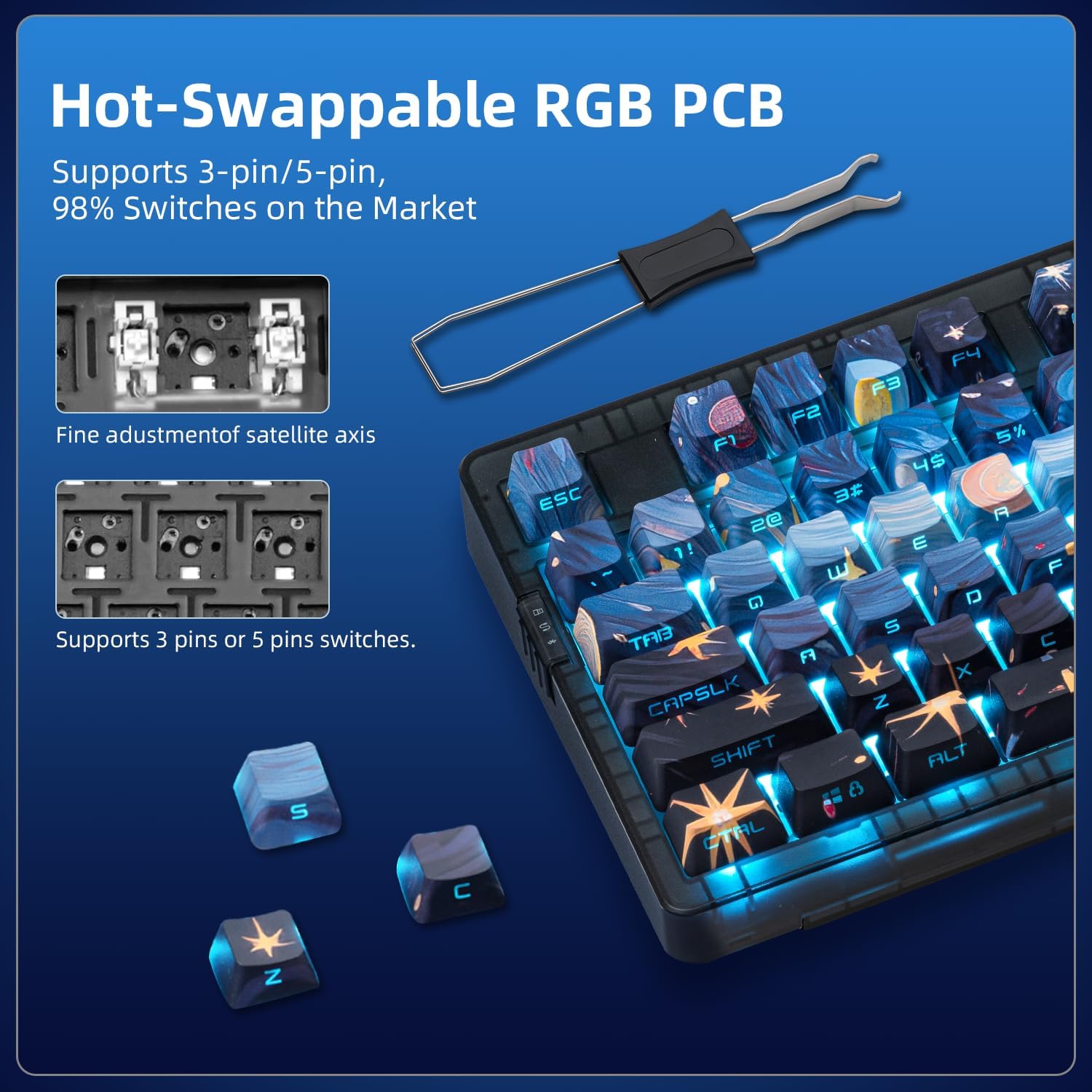 ZORNHER ZH980 Mechanical Keyboard,95% Blue Creamy Keyboard with Number Pad,Van Gogh's Starry Night Dye Sublimation PBT Keycaps,Creamy Sounding Linear Switches,Hot-Swappable,RGB Backlit