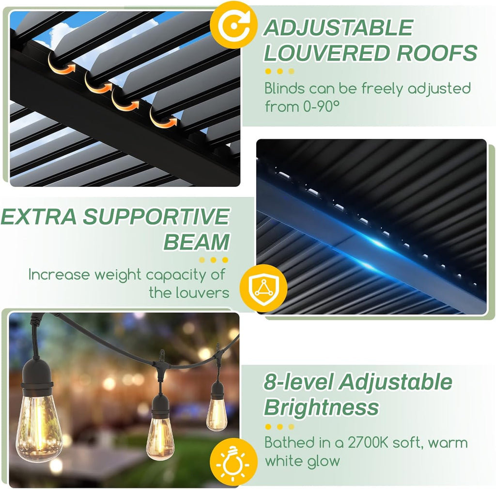 LVUYOYO Outdoor Louvered Pergola 10' x 13' with LED String Lights, Aluminum Pergola with Adjustable Roof, Waterproof Metal Gazebo for Patio, Backyard, Garden, Deck (10x13FT with Lights)