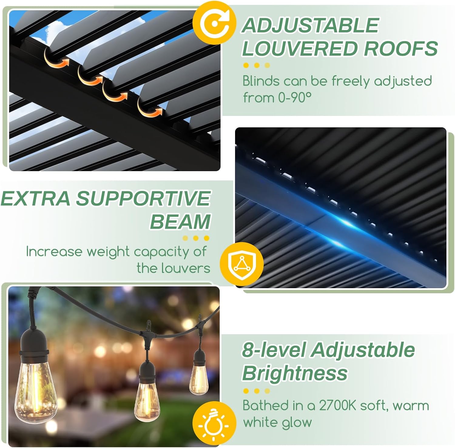 LVUYOYO Outdoor Louvered Pergola 10' x 13' with LED String Lights, Aluminum Pergola with Adjustable Roof, Waterproof Metal Gazebo for Patio, Backyard, Garden, Deck (10x13FT with Lights)