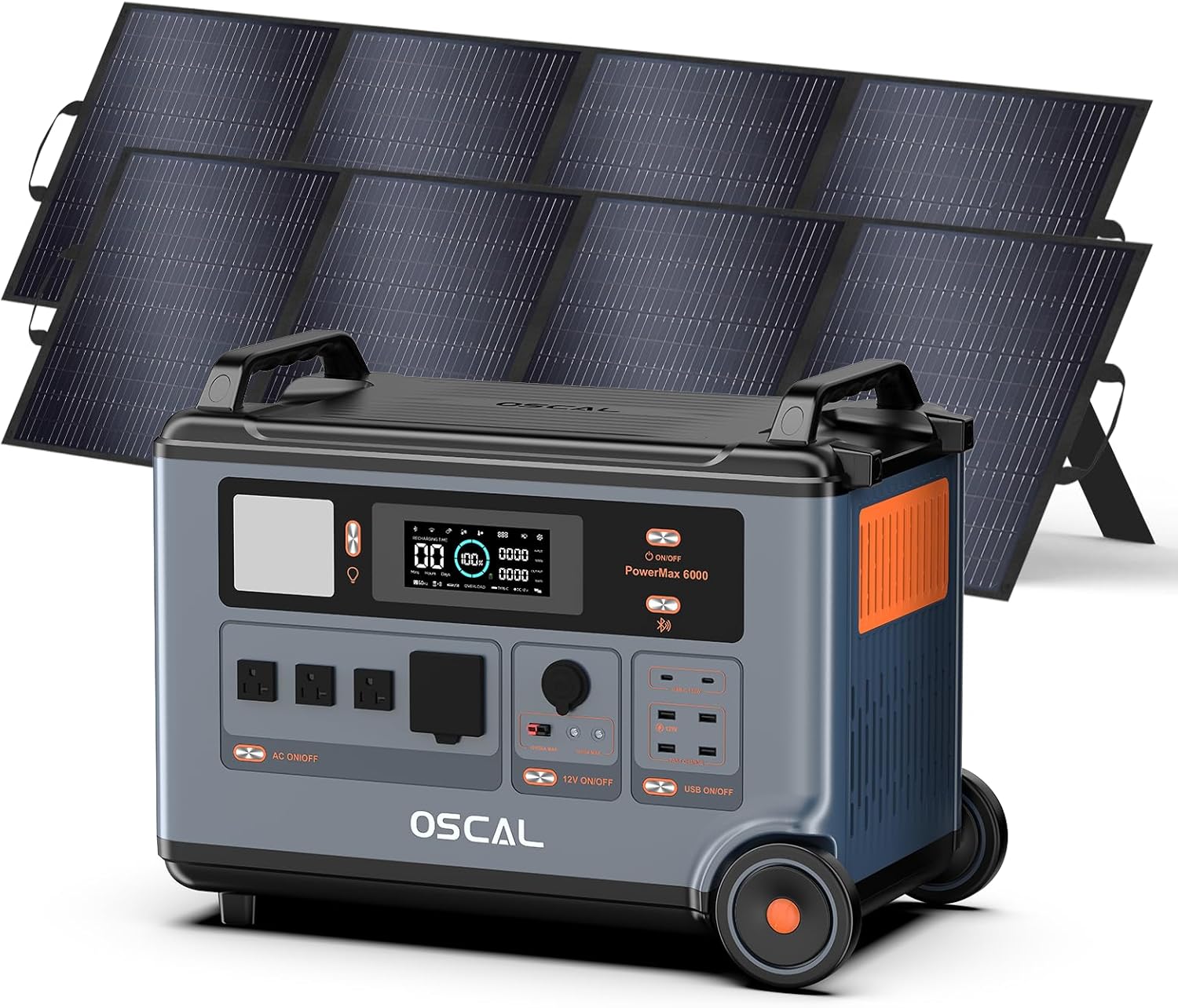 OSCAL PowerMax 6000 Solar Generator with 2x200W Solar Panel, 120V/240V 3600Wh Power Station 6000W AC Outlets (9000W Peak), 2200W AC Charging/2400W Solar Charging, Emergency for Home, Battery Backup