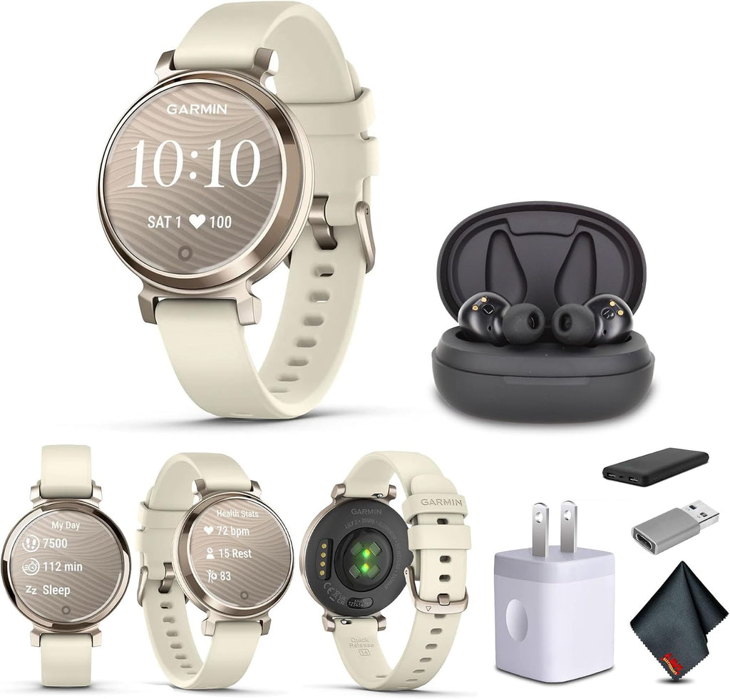 Garmin Lily 2 Small and Stylish Smartwatch Up to 5 Days Battery Life Hidden Display Patterned Lens Cream Gold with Coconut (010-02839-00) Fitness Smart Watch Bundle for Women