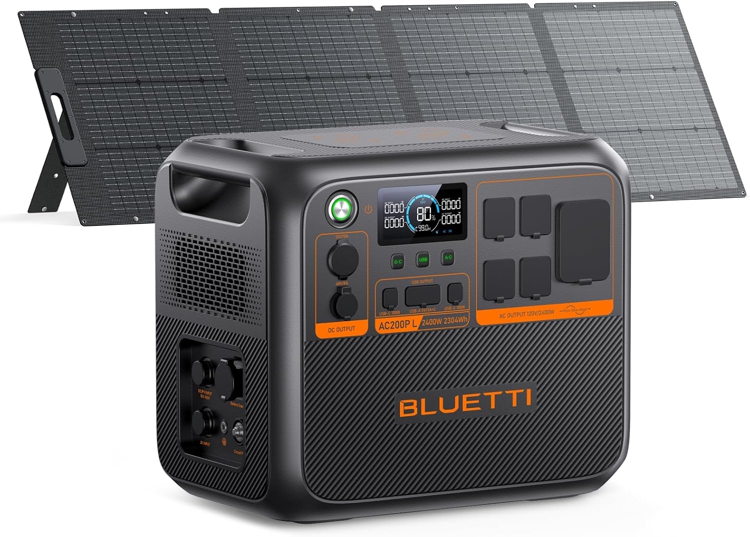 BLUETTI AC200PL Solar Generator with 200W Solar Panel (Ship Separately), 2304Wh LFP Battery Backup, Expandable to 8448Wh, 4 2400W AC Outlets (3600W Power Lifting), TT30 Output for RV, Camping, Outage