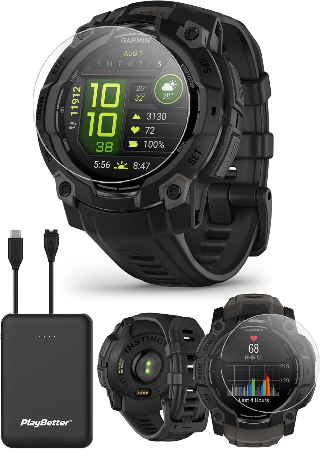 PlayBetter Garmin Instinct 3 45mm (Black) AMOLED Rugged Outdoor GPS Smartwatch Bundle - Metal Reinforced Bezel, Built-in Flashlight, Long Battery Life Portable Charger & HD Screen Protectors