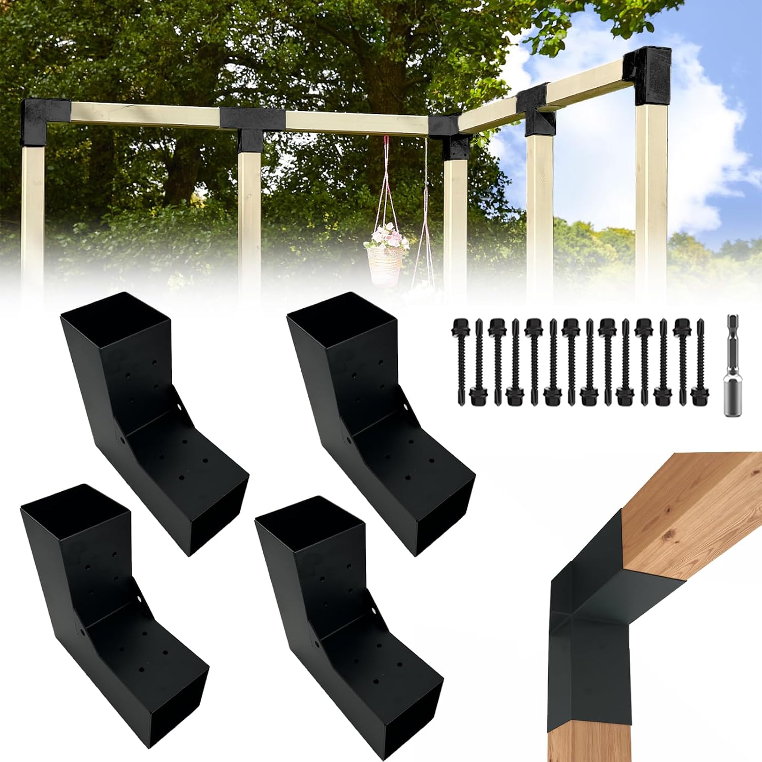Pergola DIY Bracket Kits,2-Way L Shaped Corner Brackets for 4' x 4'(Actual:3.5' x 3.5') Lumber for Outdoor Pergola,Proch,Log Cabin W/Hardware - 4Pack…