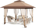GarveeLife 12 ft x12 ft Gazebo Outdoor Pop up Canopy Tent with Curtains and 144 Square Shelter for Patio,Backyard Party, with Mosquito Netting, 2-Tiered Vented Top, Khaki