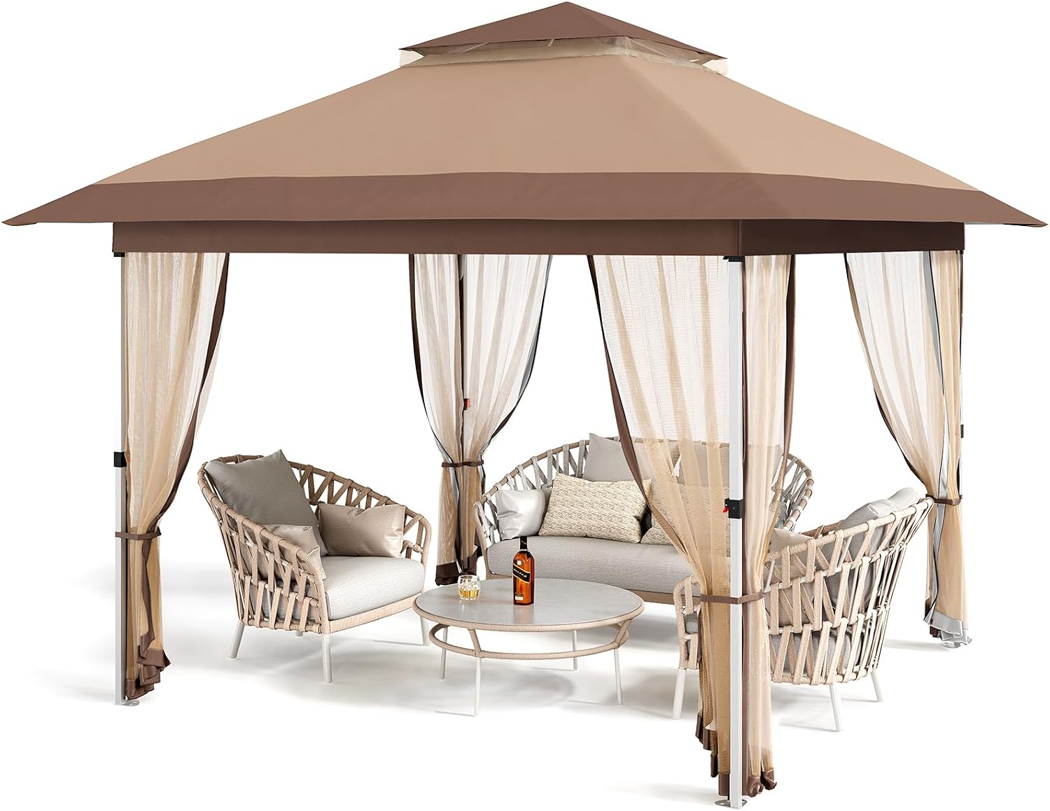 GarveeLife 12 ft x12 ft Gazebo Outdoor Pop up Canopy Tent with Curtains and 144 Square Shelter for Patio,Backyard Party, with Mosquito Netting, 2-Tiered Vented Top, Khaki