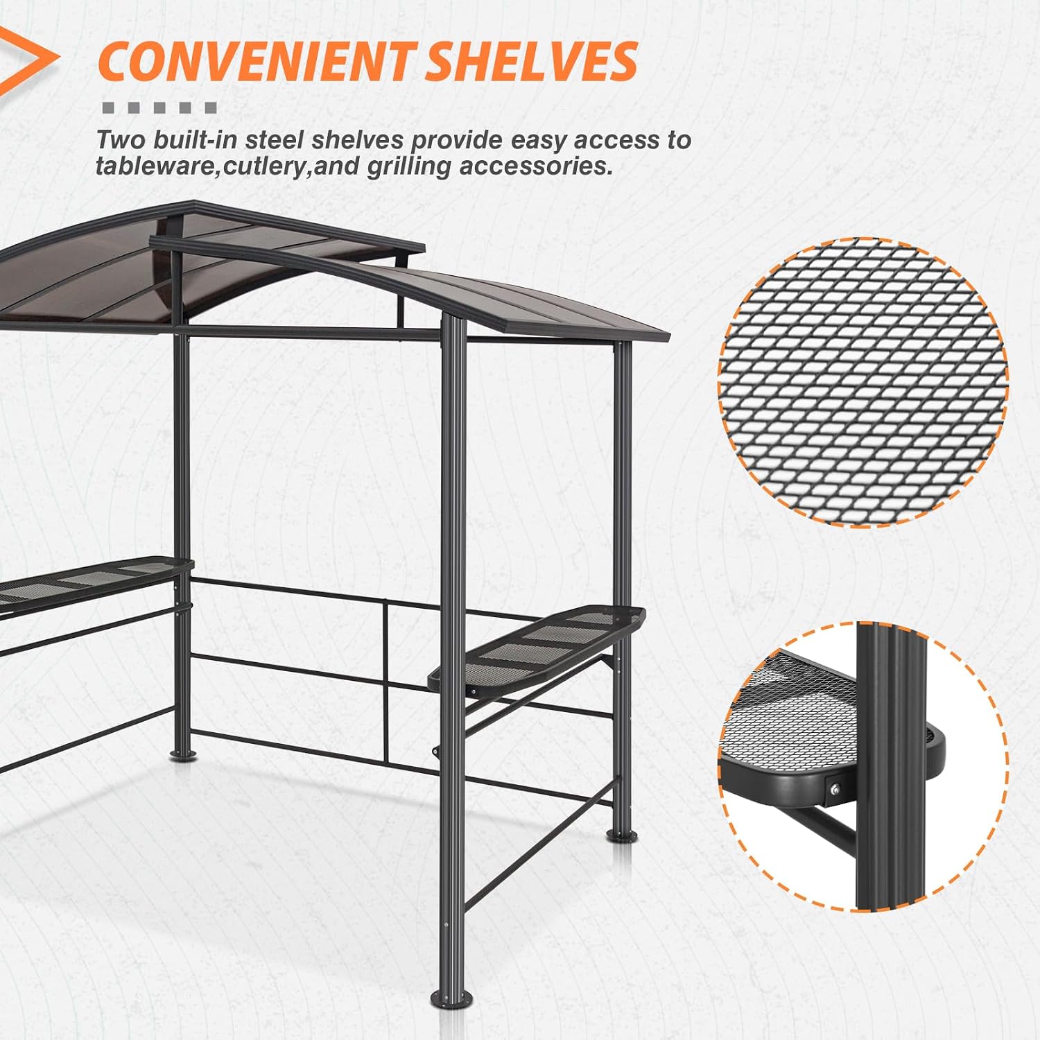 EAGLE PEAK 8x5 ft Grill Gazebo, Steel Frame Outdoor BBQ Cover, Double-Tier Polycarbonate Barbecue Canopy with Shelves