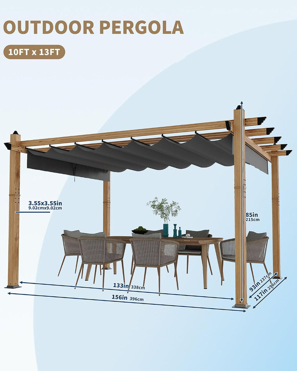 KYBOLT 10x13 Ft Outdoor Pergola with Retractable Canopy Upgraded Wood Grain Patio Pergola for Modern Backyard Deck Porch Grape Trellis - Gray