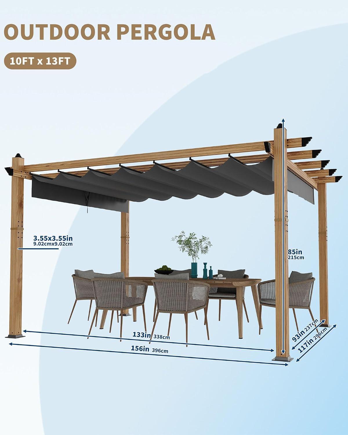 KYBOLT 10x13 Ft Outdoor Pergola with Retractable Canopy Upgraded Wood Grain Patio Pergola for Modern Backyard Deck Porch Grape Trellis - Gray
