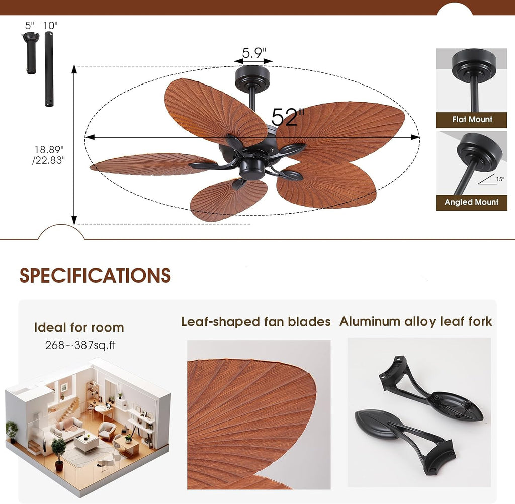 PHORUS 52' Waterproof Outdoor Palm Leaf Ceiling Fans Without Lights and Remote,Wet Rated Tropical Ceiling Fans for Patios Porch Gazebo Pergola