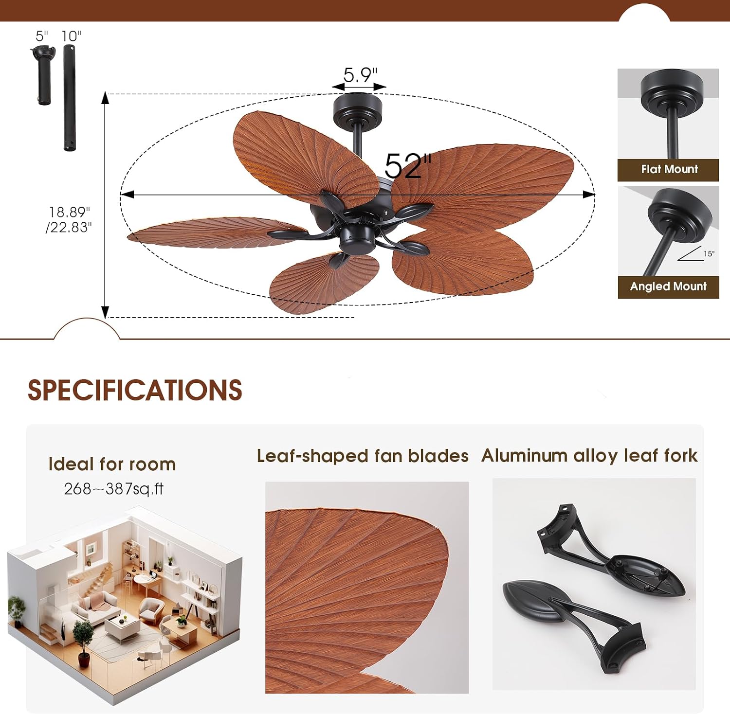 PHORUS 52' Waterproof Outdoor Palm Leaf Ceiling Fans Without Lights and Remote,Wet Rated Tropical Ceiling Fans for Patios Porch Gazebo Pergola