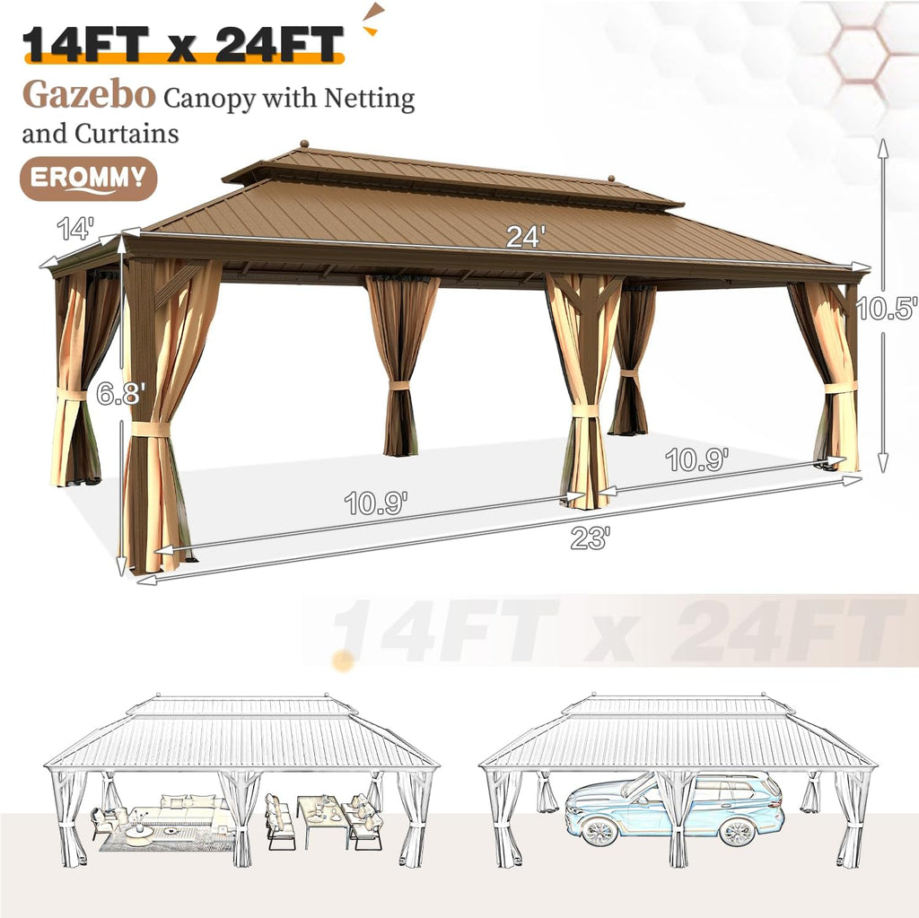 EROMMY 14'x24' Hardtop Gazebo Double Roof Galvanized Steel Outdoor Gazebos with Aluminum Frame, Netting and Curtains, Permanent Metal Pavilion for Patio Backyard Deck and Lawns