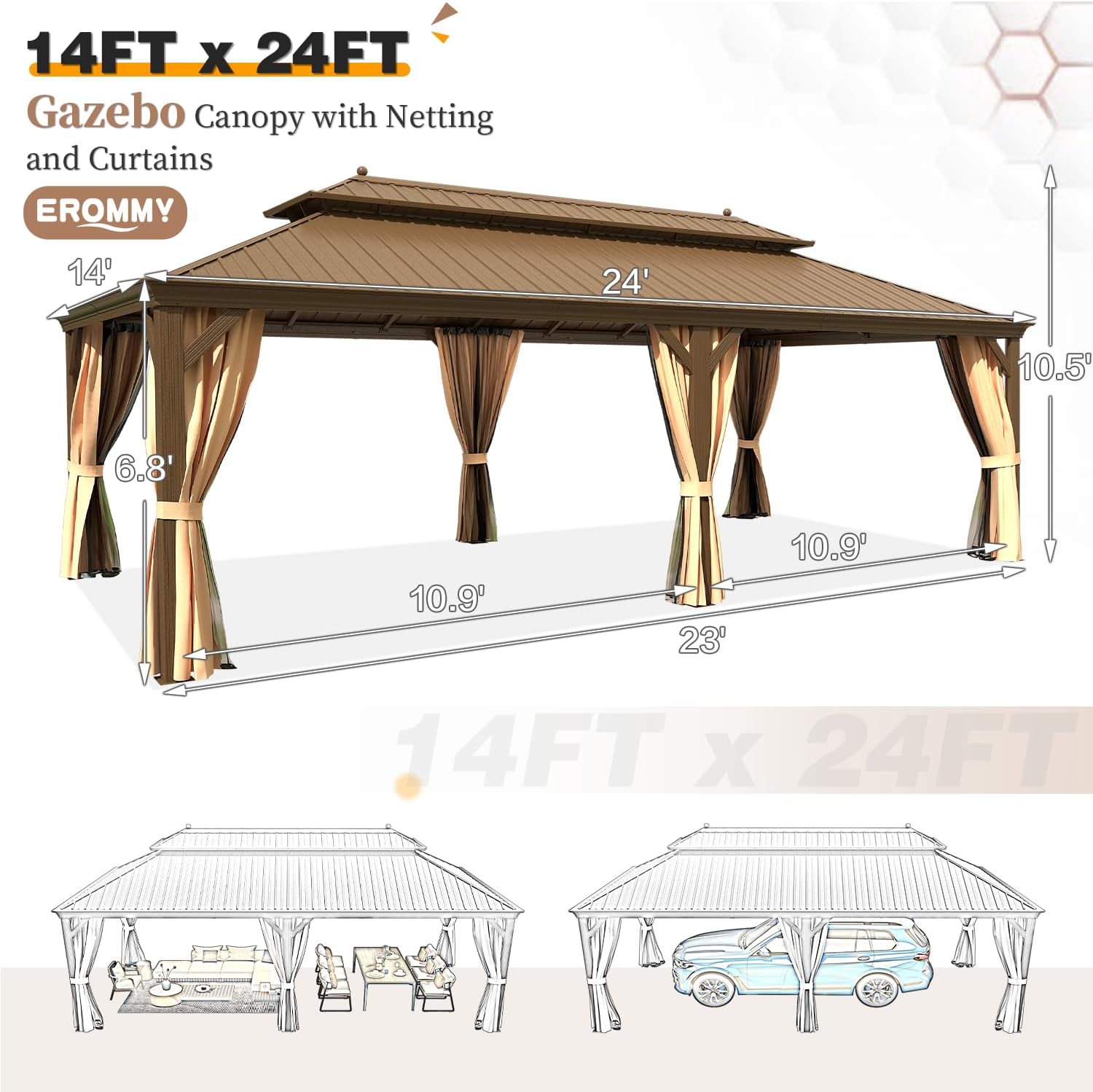 EROMMY 14'x24' Hardtop Gazebo Double Roof Galvanized Steel Outdoor Gazebos with Aluminum Frame, Netting and Curtains, Permanent Metal Pavilion for Patio Backyard Deck and Lawns