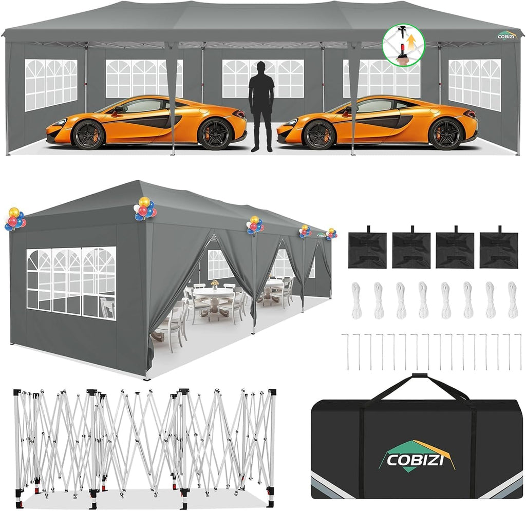 COBIZI 10x30 Pop Up Canopy Tent with 8 Sidewalls Party Tents for Parties Weddings Backyard Waterproof Commercial Instant Outdoor Events Tent with Stakes, Ropes,Sandbags（10 x 30 ft Gray