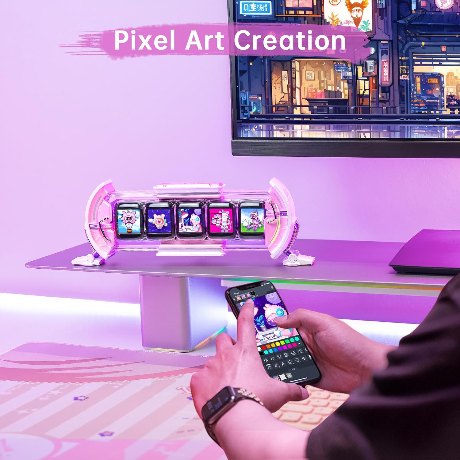Divoom Times Gate - Cute Gaming Digital Clock with Smart App-Controlled, Support Weather Forecast, Stock Market/Exchange Rate, Social Media, Pixel Art Display for Gamers & Home Office Decor (Pink)