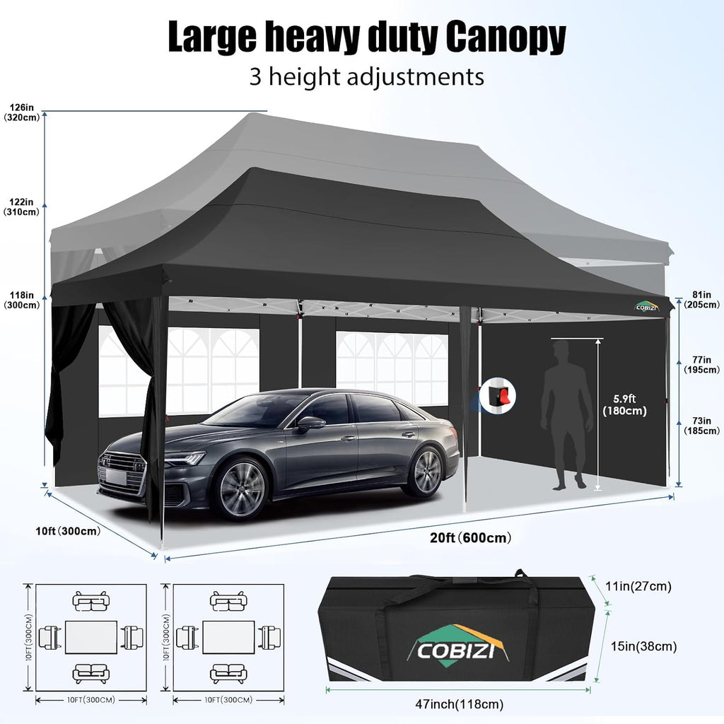 COBIZI 10x20 Pop Up Canopy with 6 Sidewall, Commercial Canopy UPF 50+ Waterproof Outdoor Gazebo with Carry Bag, Tents for Parties with Upgrade Frame, 3 Height Adjustable, Black