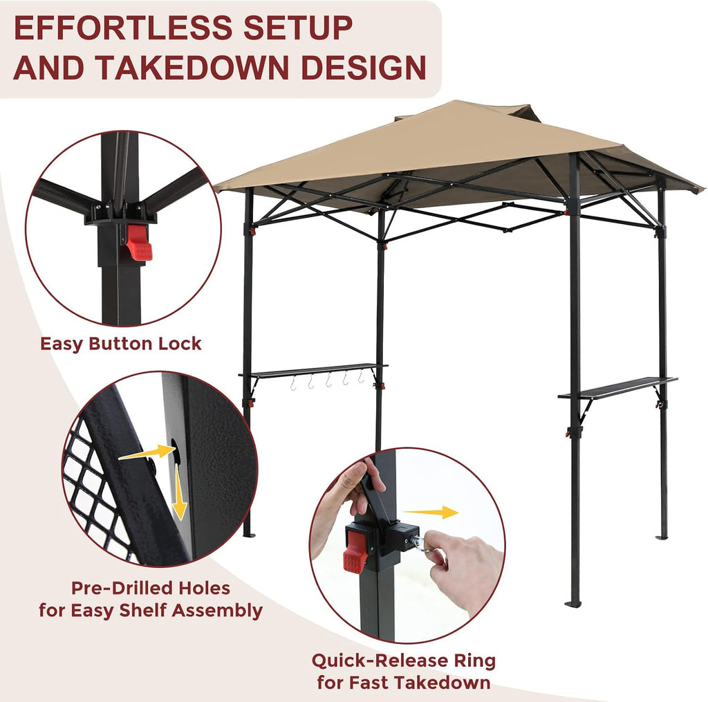 Outdoor Pop up Barbeque Grill Gazebo 8x5 with Carry Bag, Portable BBQ Canopy Tent with Handy Wired Shelf, Beige