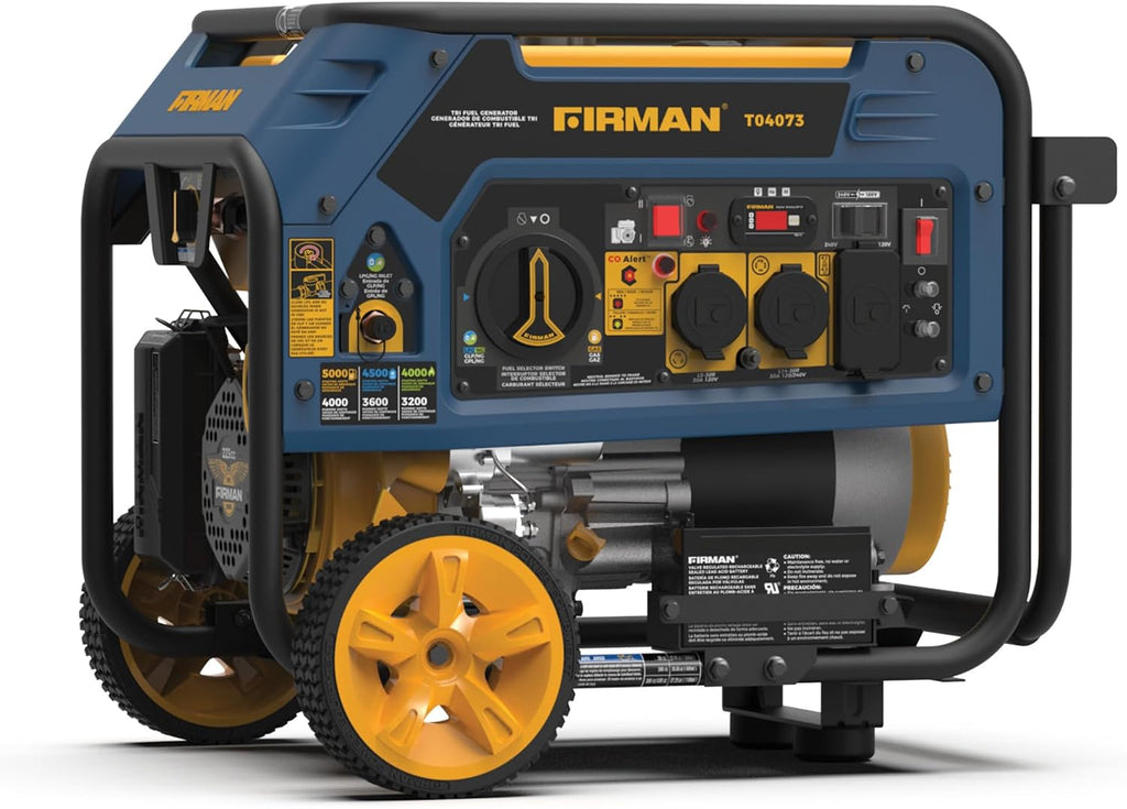 FIRMAN T04073 Tri Fuel Portable Generator, 5000W Gas 4000W Running, 4500W Propane 4000W Natural Gas, Electric Start, 120/240V, CO Alert, Low Oil Shut Off, for Home, RV, Backup, Camping, Outdoor Power
